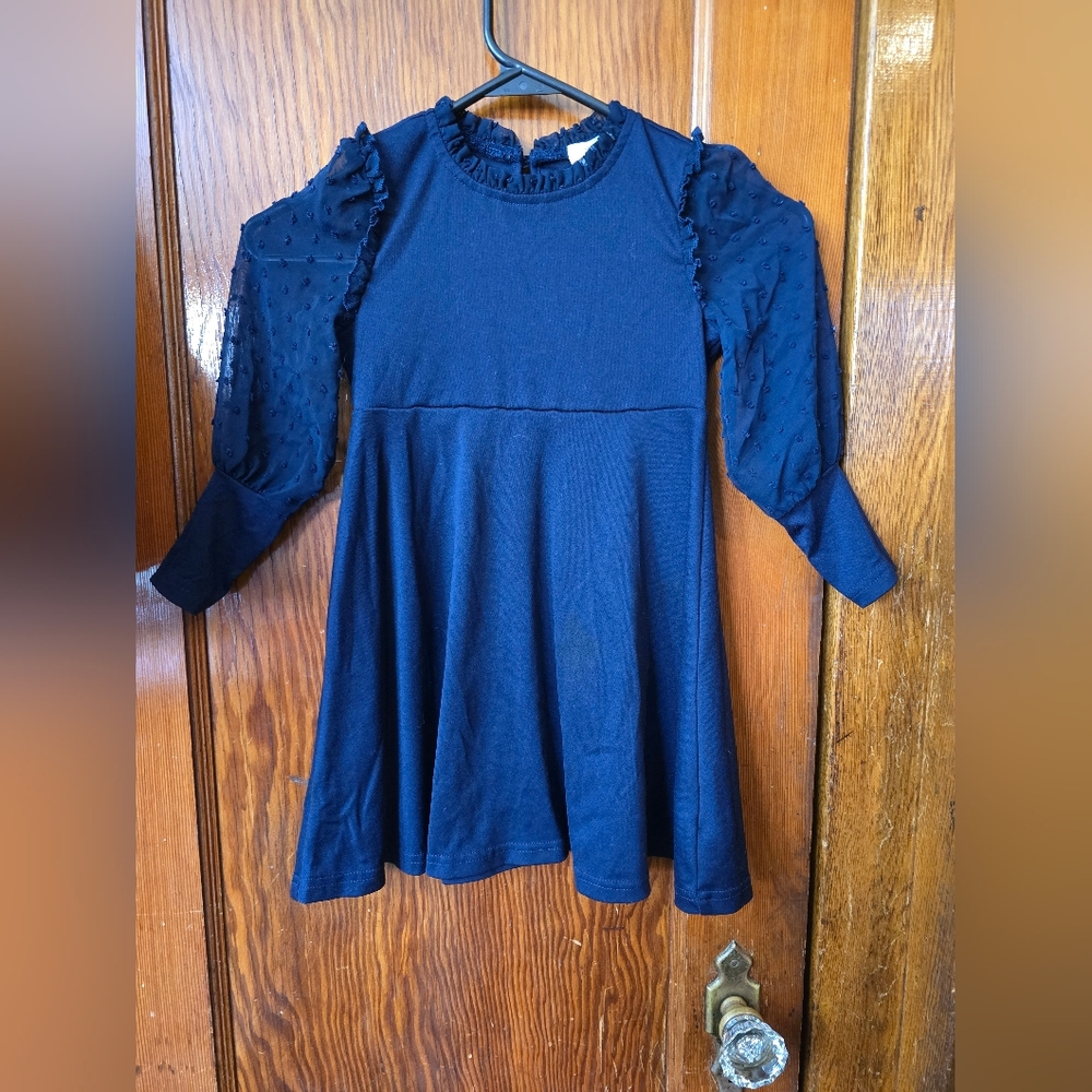 Girls Navy Blue Sheer Sleeve Dress Size 4Y